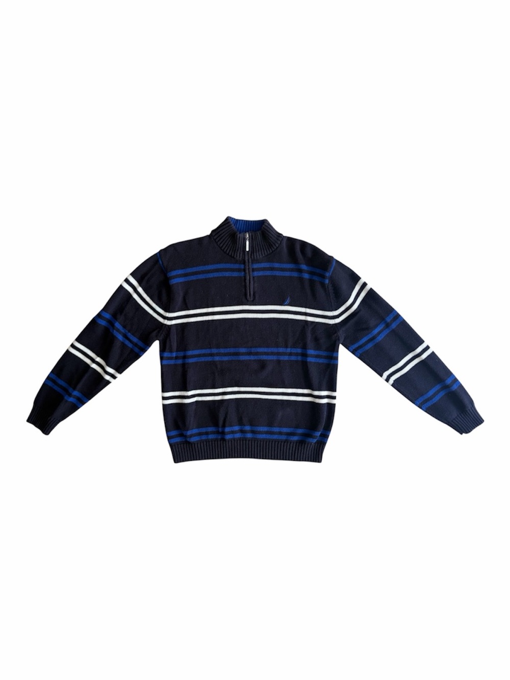 Nautica Boys Navy Quarter Zip Sweater with Blue & White Stripes 100% Cotton